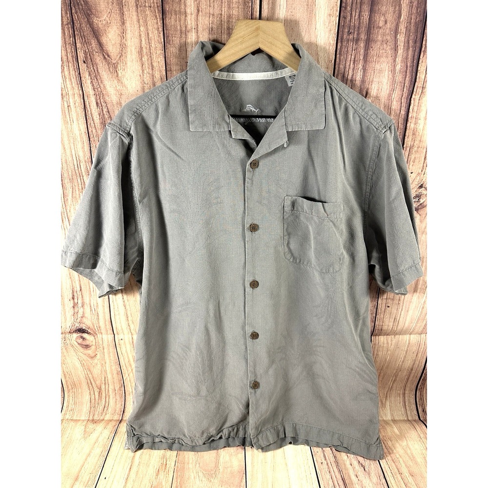 Tommy Bahama‎ Shirt Mens Medium Gray Silk Button Down Short Sleeve Leaf Print
